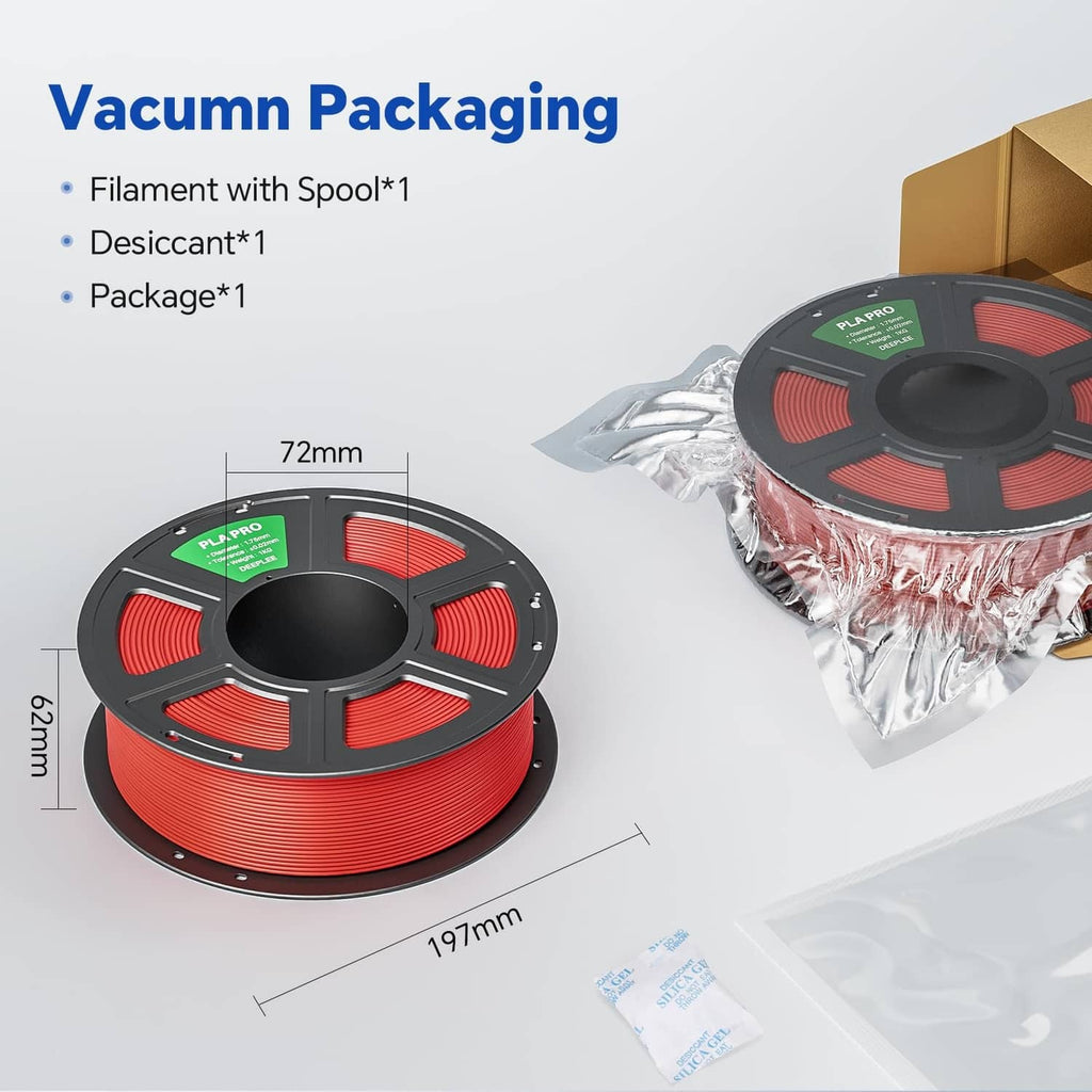 Vacuum packaged PLA filament kit with red 1.75 mm spool and desiccant bag