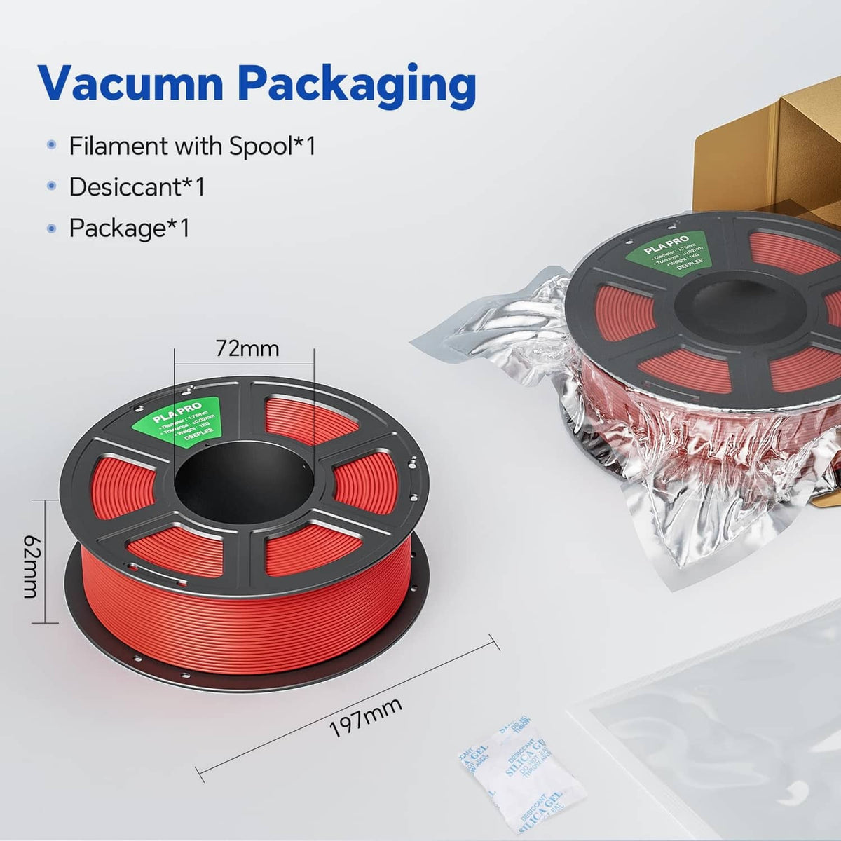 Vacuum packaged PLA filament kit with red 1.75 mm spool and desiccant bag