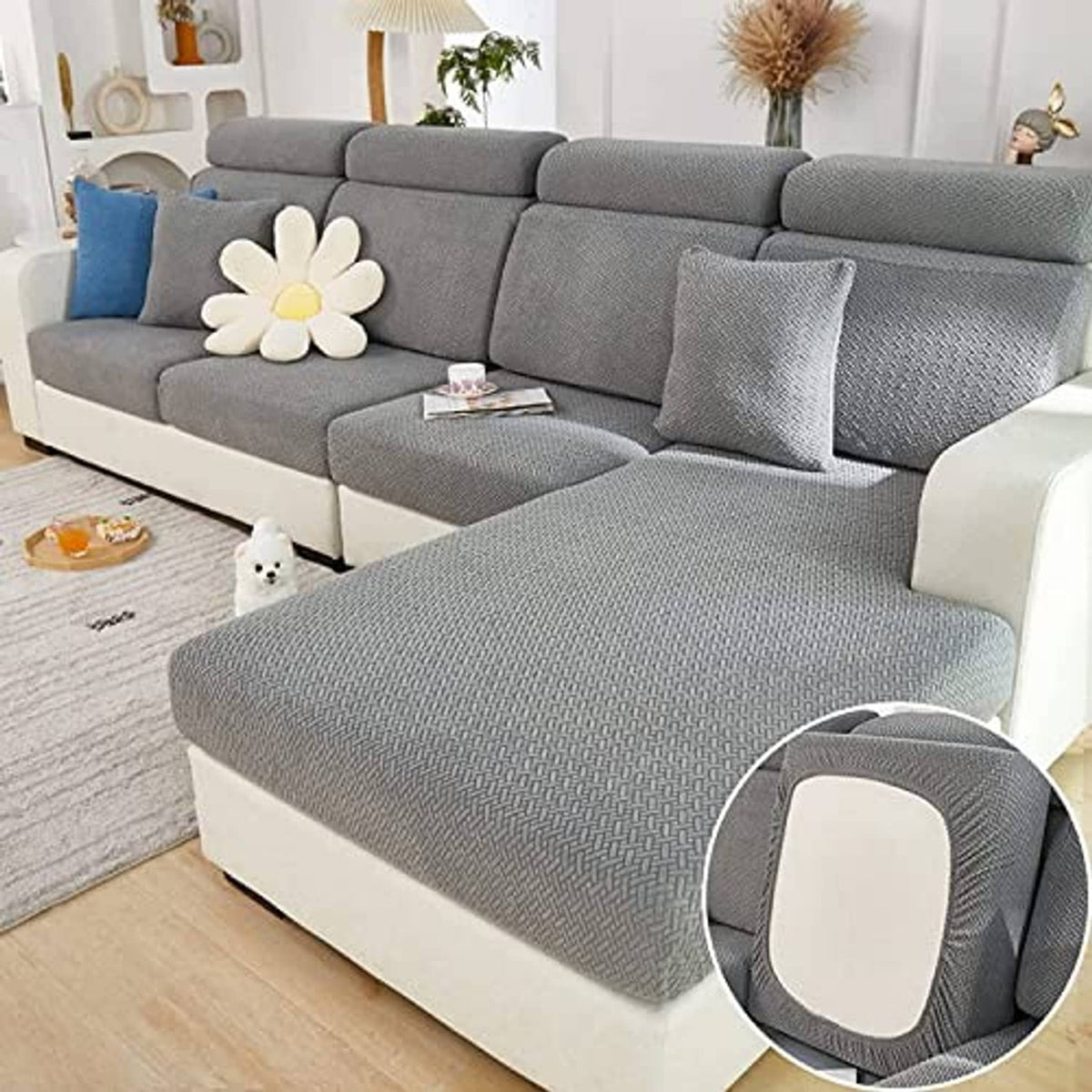 Gray textured chaise cushion cover set on sofa seat cushion with back support piece