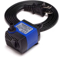 Close-up of blue submersible water pump with power cord and outlet connector