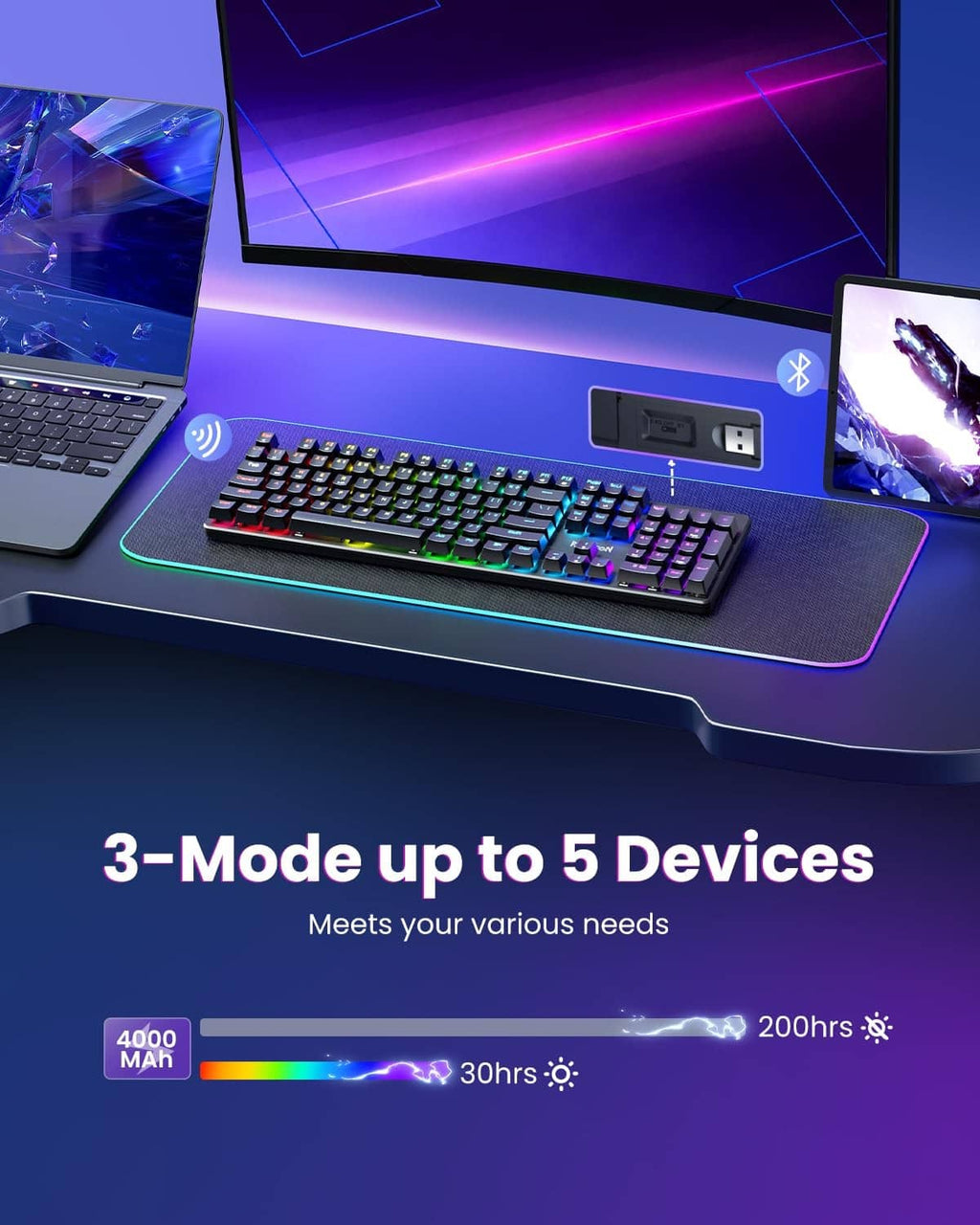 Redragon mechanical gaming keyboard with RGB keys and USB wireless receiver docked.