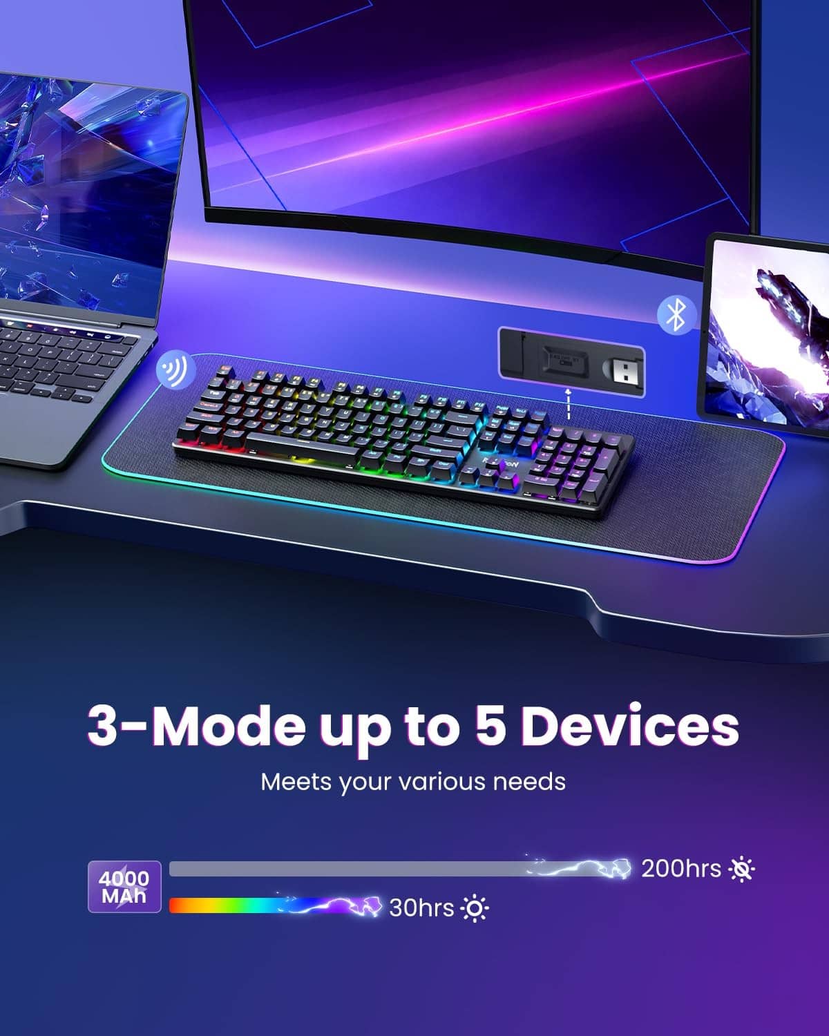 Redragon mechanical gaming keyboard with RGB keys and USB wireless receiver docked.