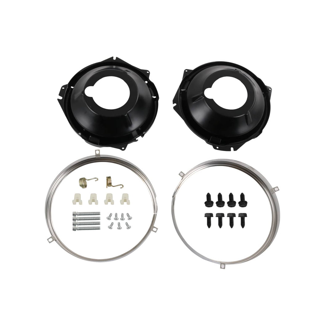 Headlight bucket and retaining ring kit with four rings, two buckets, and small mounting pieces