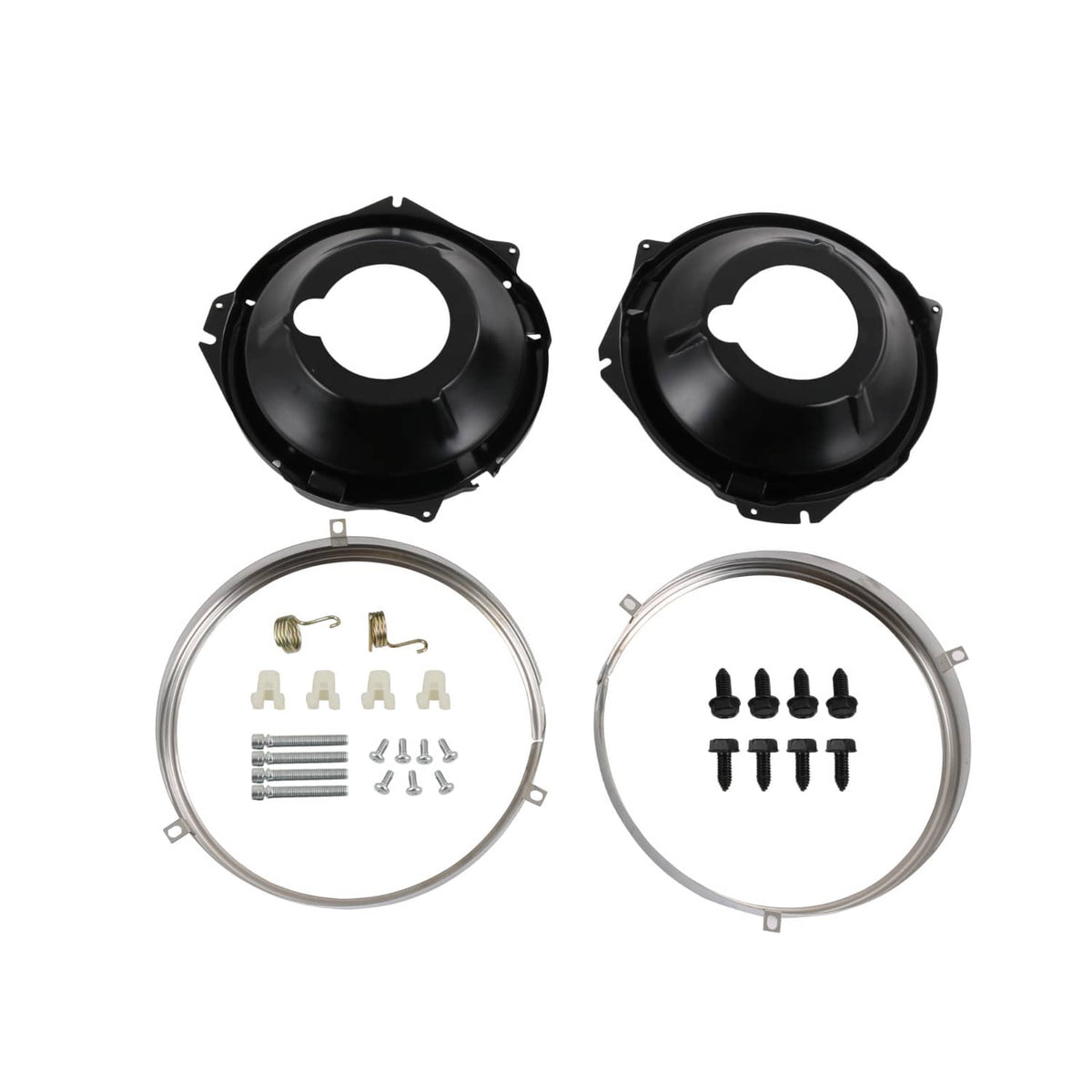 Headlight bucket and retaining ring kit with four rings, two buckets, and small mounting pieces