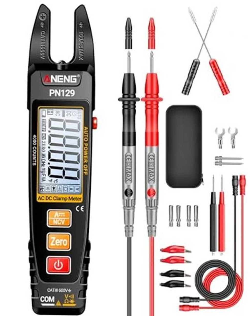 TRMS clamp multimeter tester with LCD display, two test probes, and bundled accessories and case