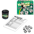Yahtzee Words family word game set with green box, dice, score sheet, and cup