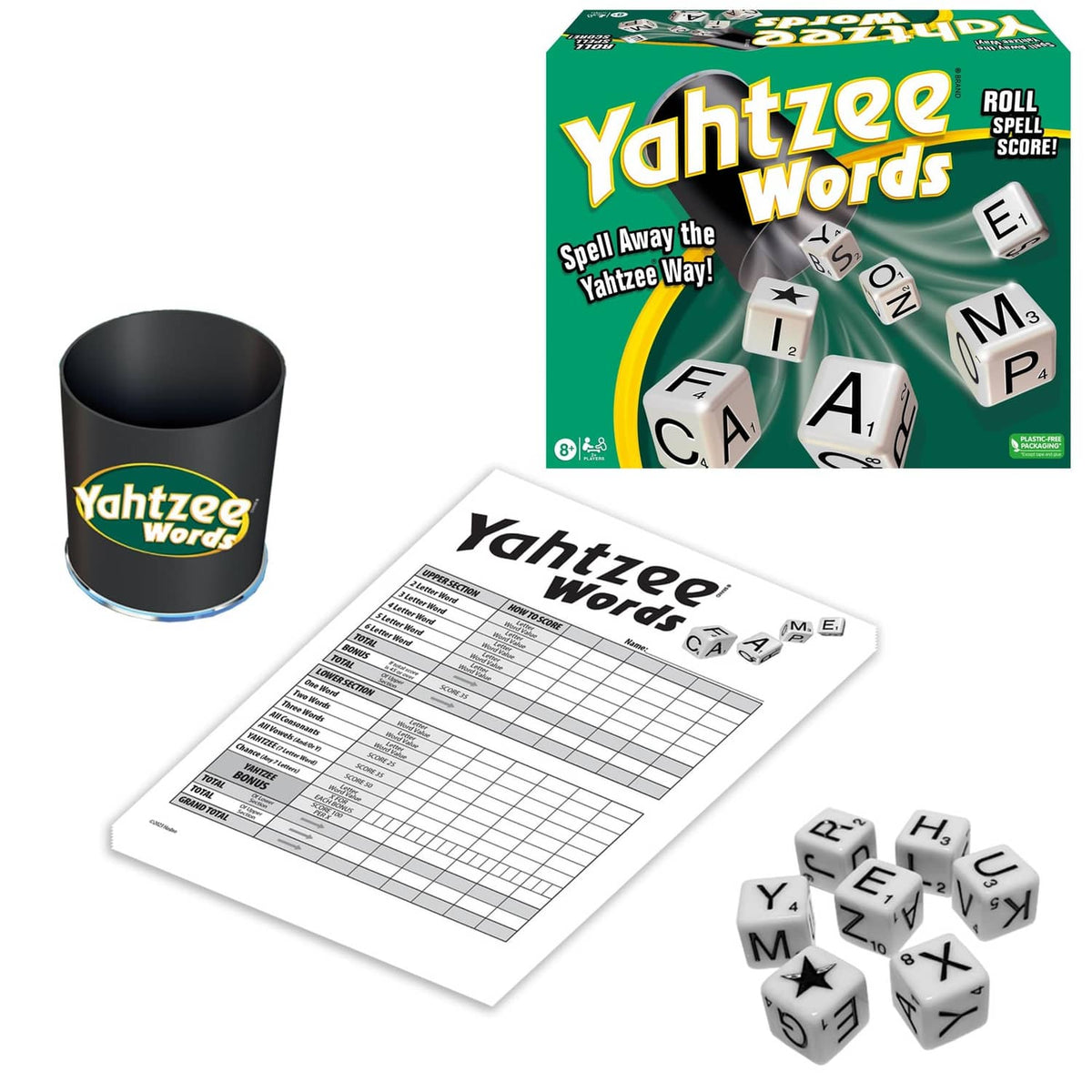 Yahtzee Words family word game set with green box, dice, score sheet, and cup