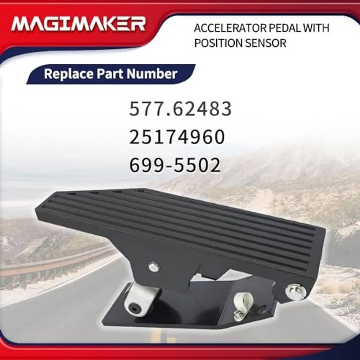 Black accelerator pedal with position sensor, pedal shown on retail packaging