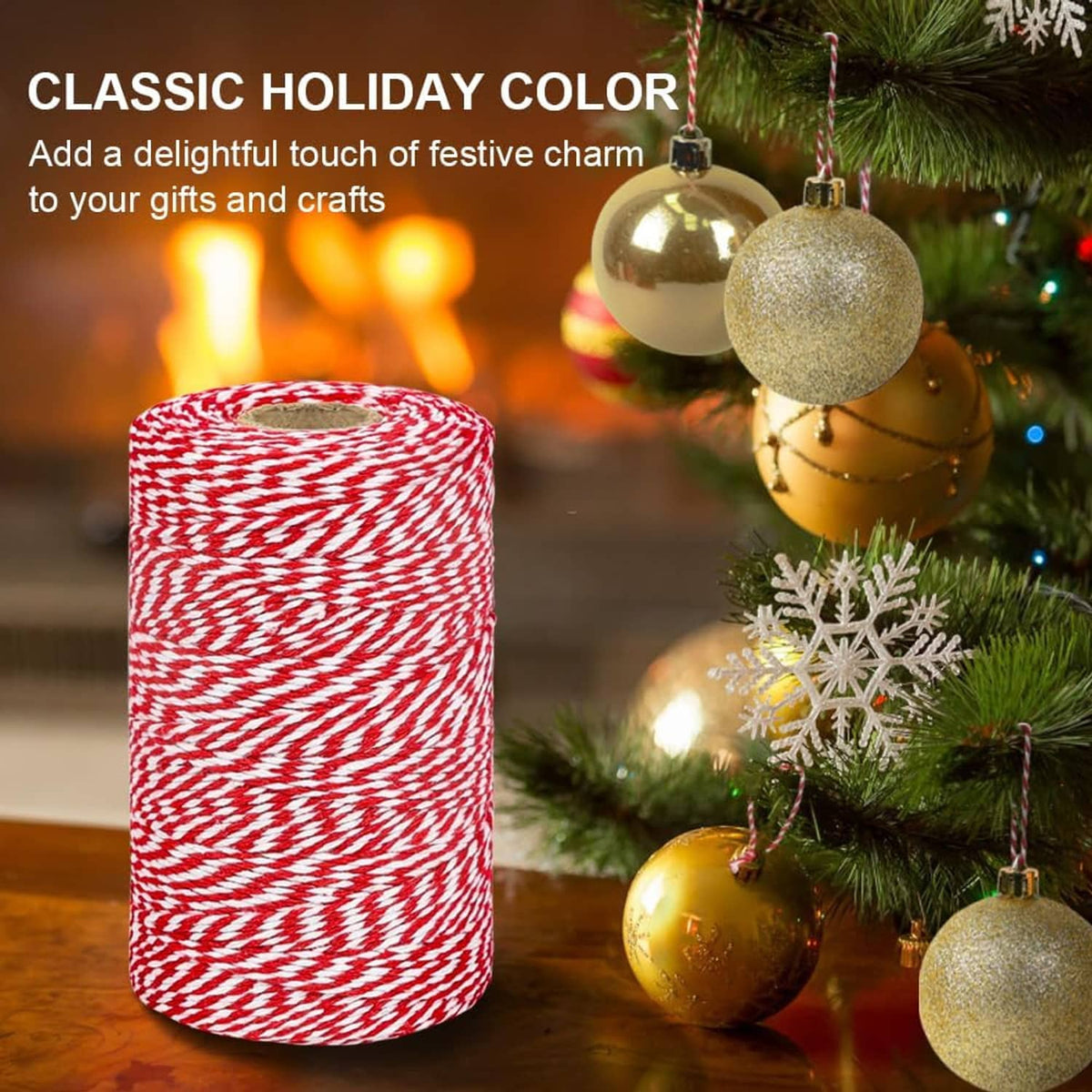 Red and white cotton twine roll on a festive background with holiday ornaments