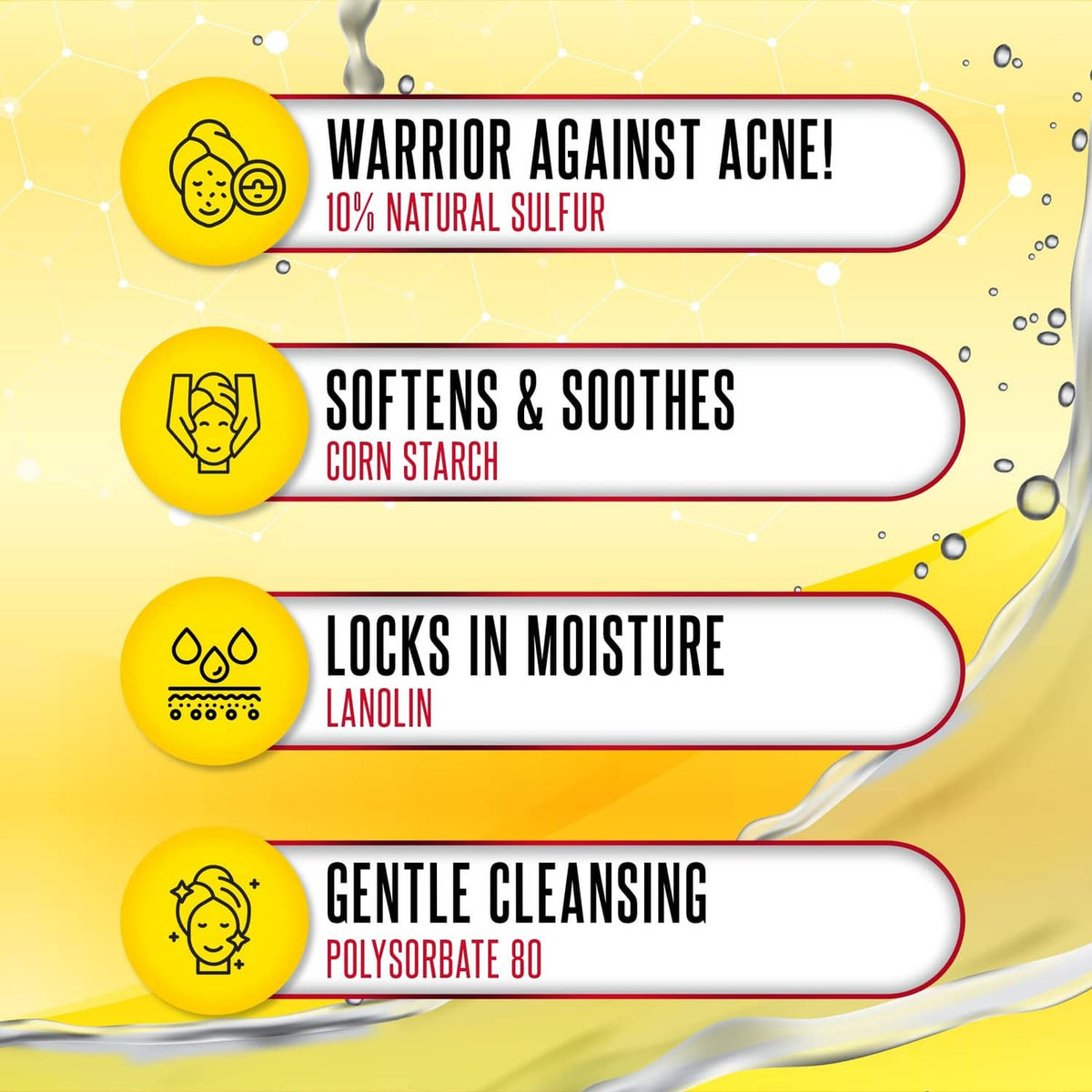 Cream sulfur soap bar with on-image icons for cleansing and moisturizing