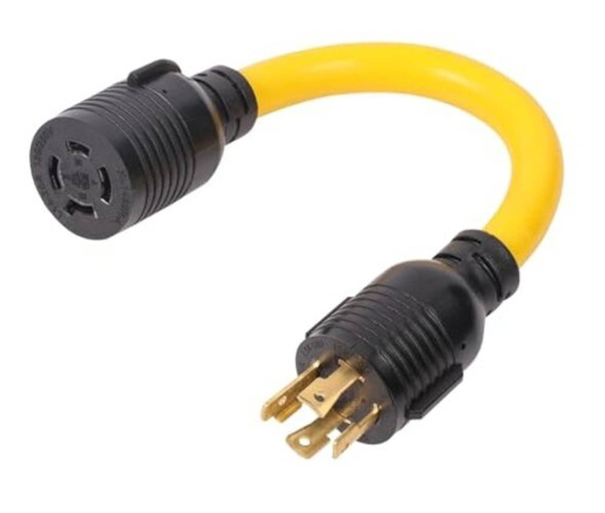 Twist-lock plug adapter cable with yellow cord and black L14-30P to L14-20R ends