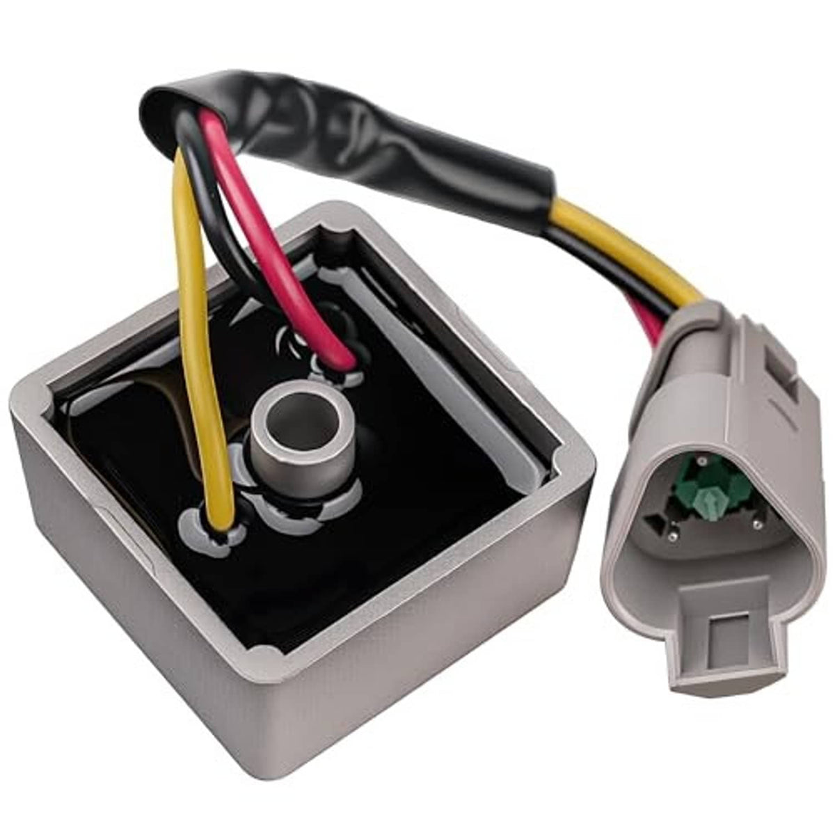 Voltage regulator rectifier in aluminum housing with wiring and gray plug connector