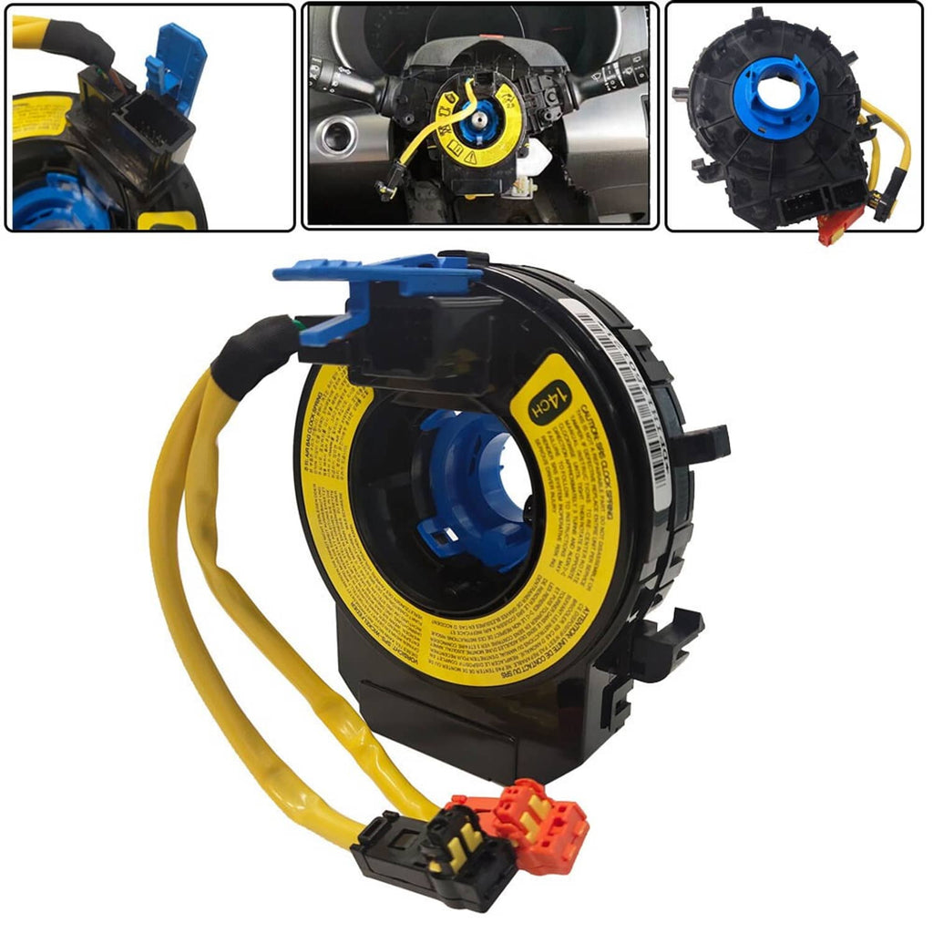 Steering clock spring spiral cable with yellow wiring and black housing, blue center ring