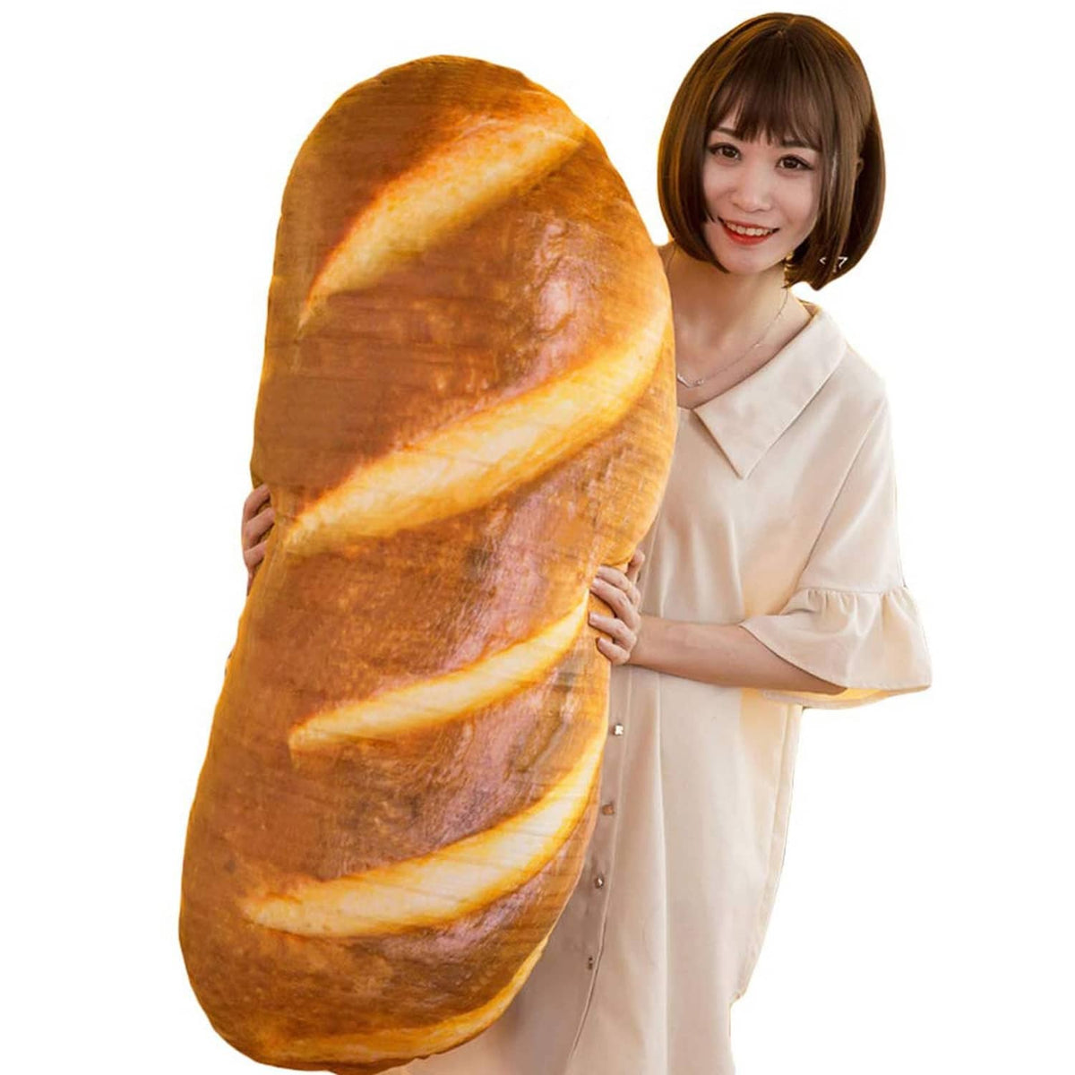 Loaf-shaped plush bread pillow, brown with cream slice stripes and soft texture