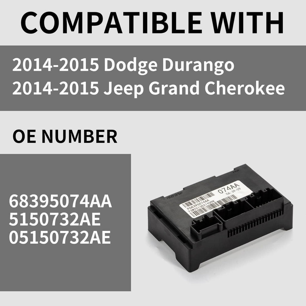 Transfer case control module shown at an angle with barcode label and connector pins