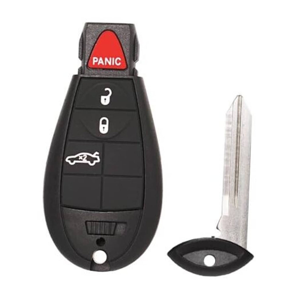 Black keyless entry key fob with red PANIC button and metal key blade