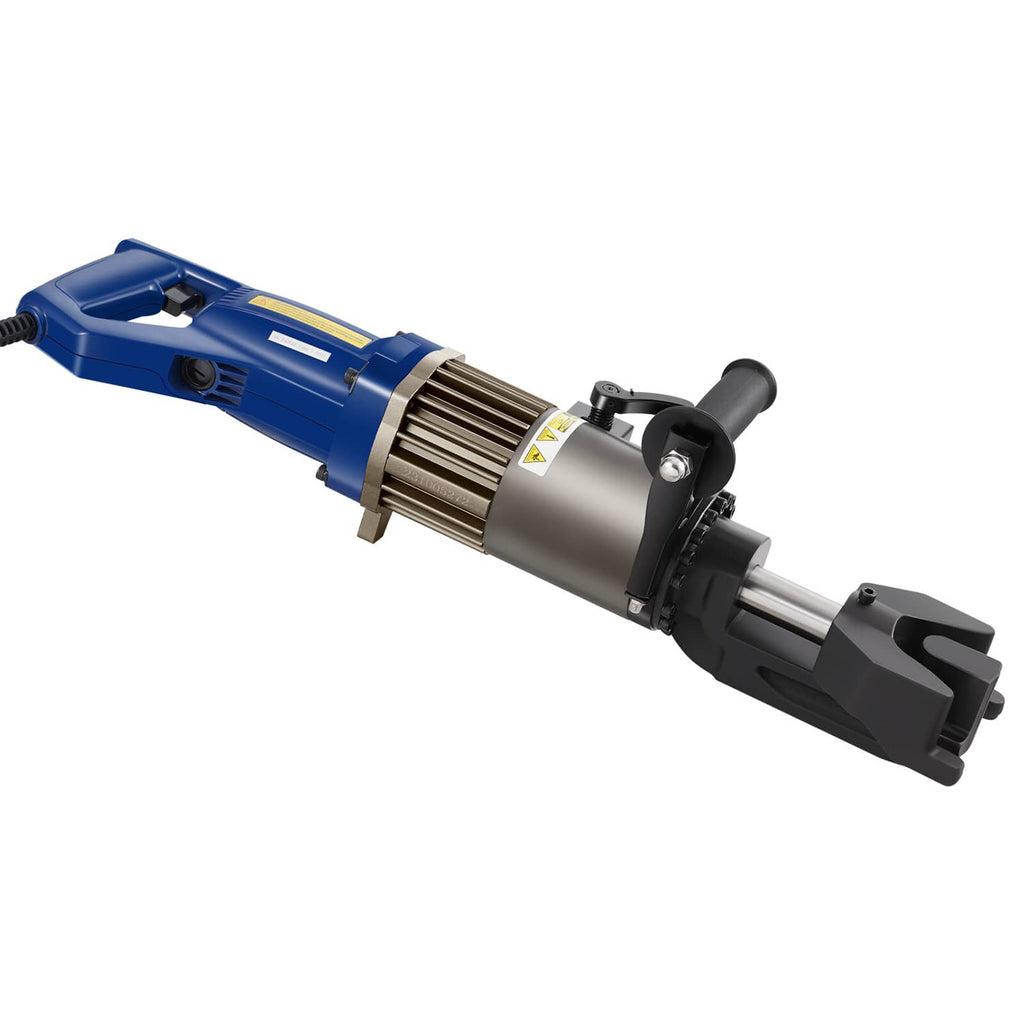 Electric hydraulic rebar bender with blue body and metal bending clamp head