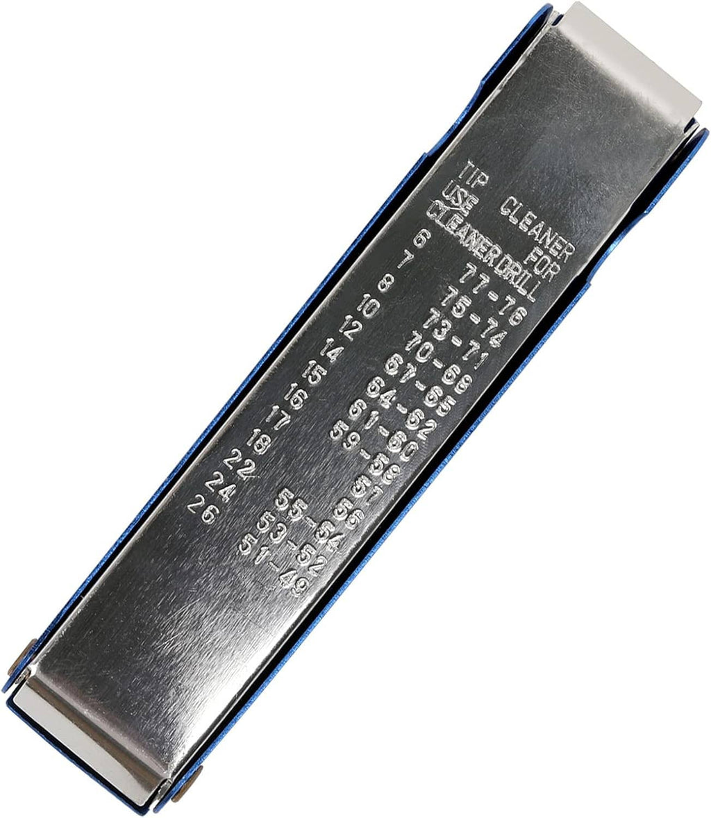 Steel tip cleaner gauge strip with storage slots and blue-edged frame