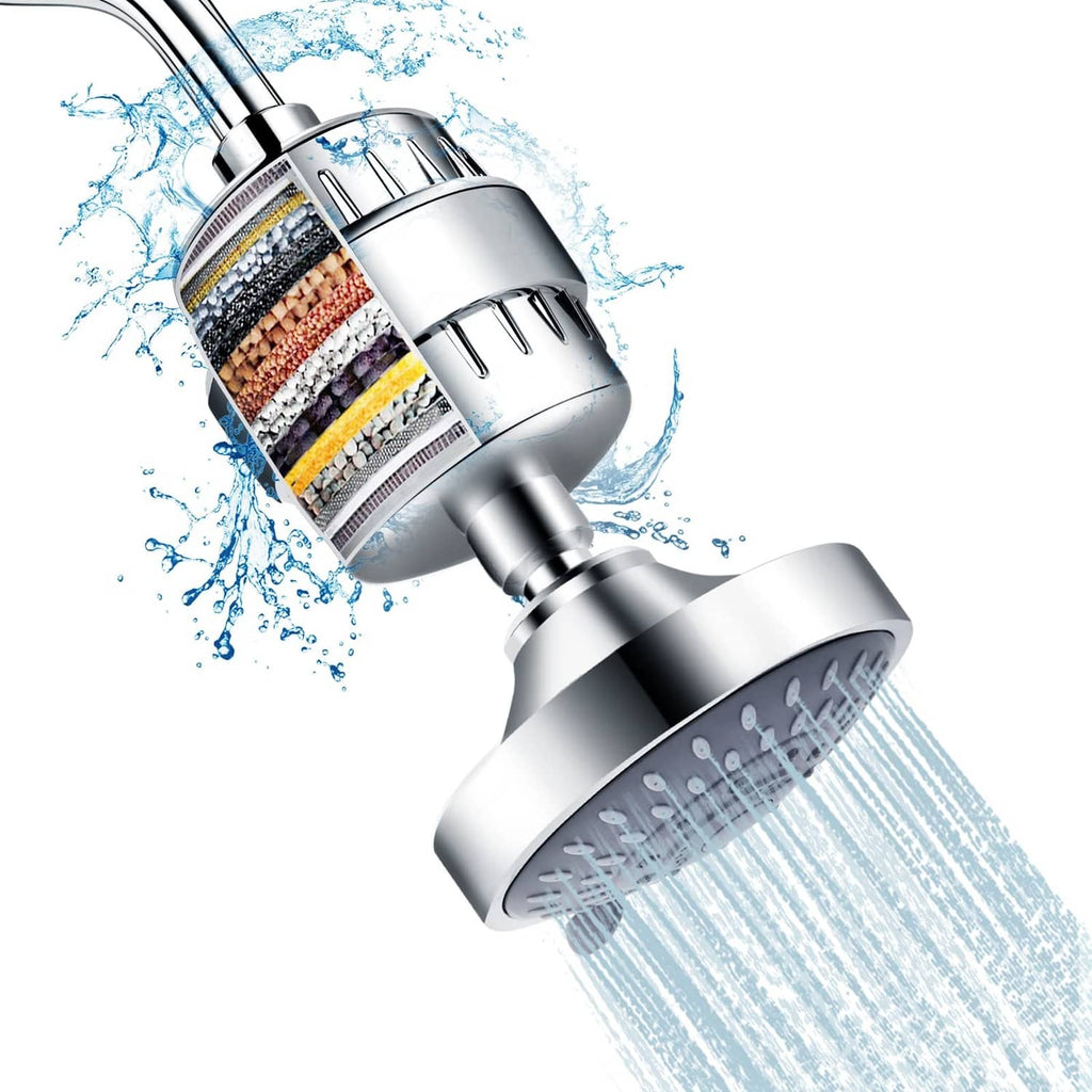 Chrome filtered shower head with visible filter cartridge and steady spray stream
