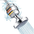 Chrome filtered shower head with visible filter cartridge and steady spray stream