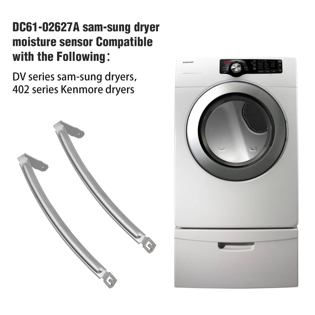 Dryer moisture sensor plate bar set, two curved silver metal strips with bracket ends