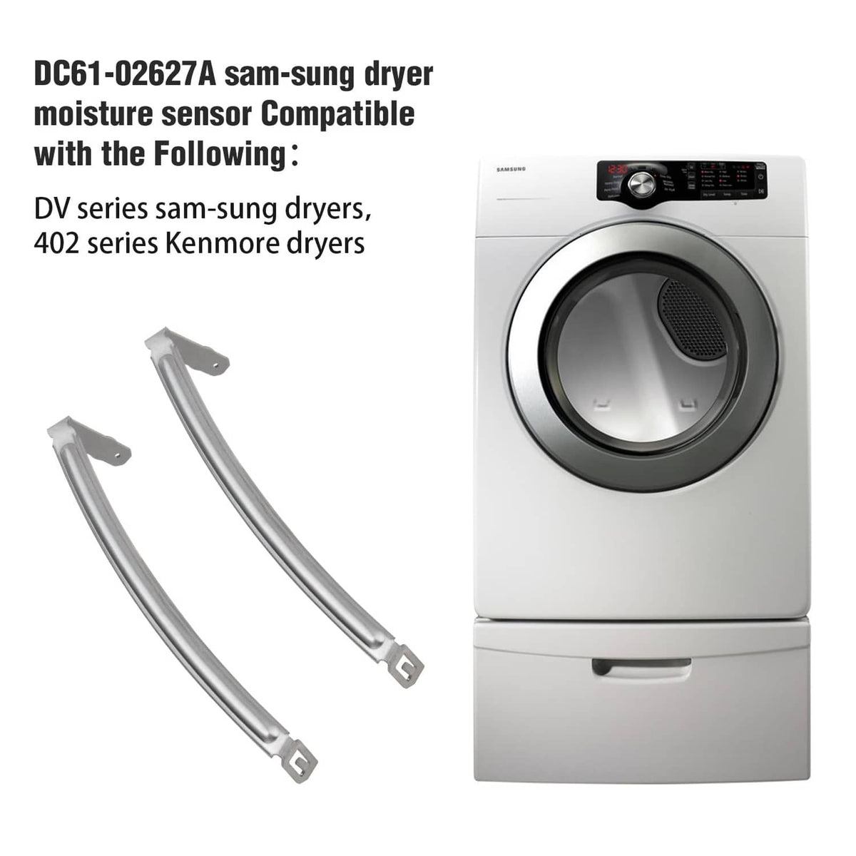 Dryer moisture sensor plate bar set, two curved silver metal strips with bracket ends