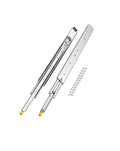 Heavy-duty drawer slide rails, pair of silver steel tracks with ball bearing rollers