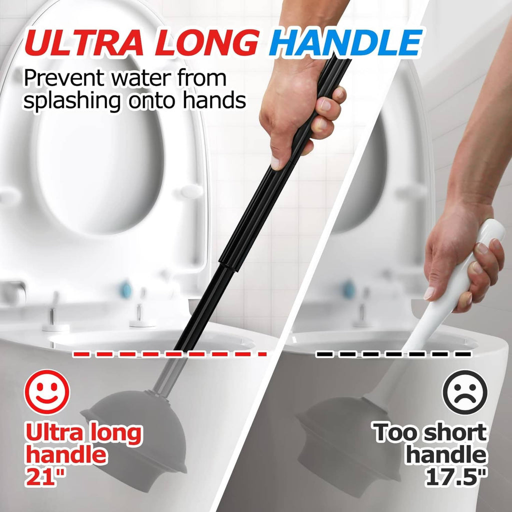 Black extended-handle toilet brush with angled bristles for splash prevention