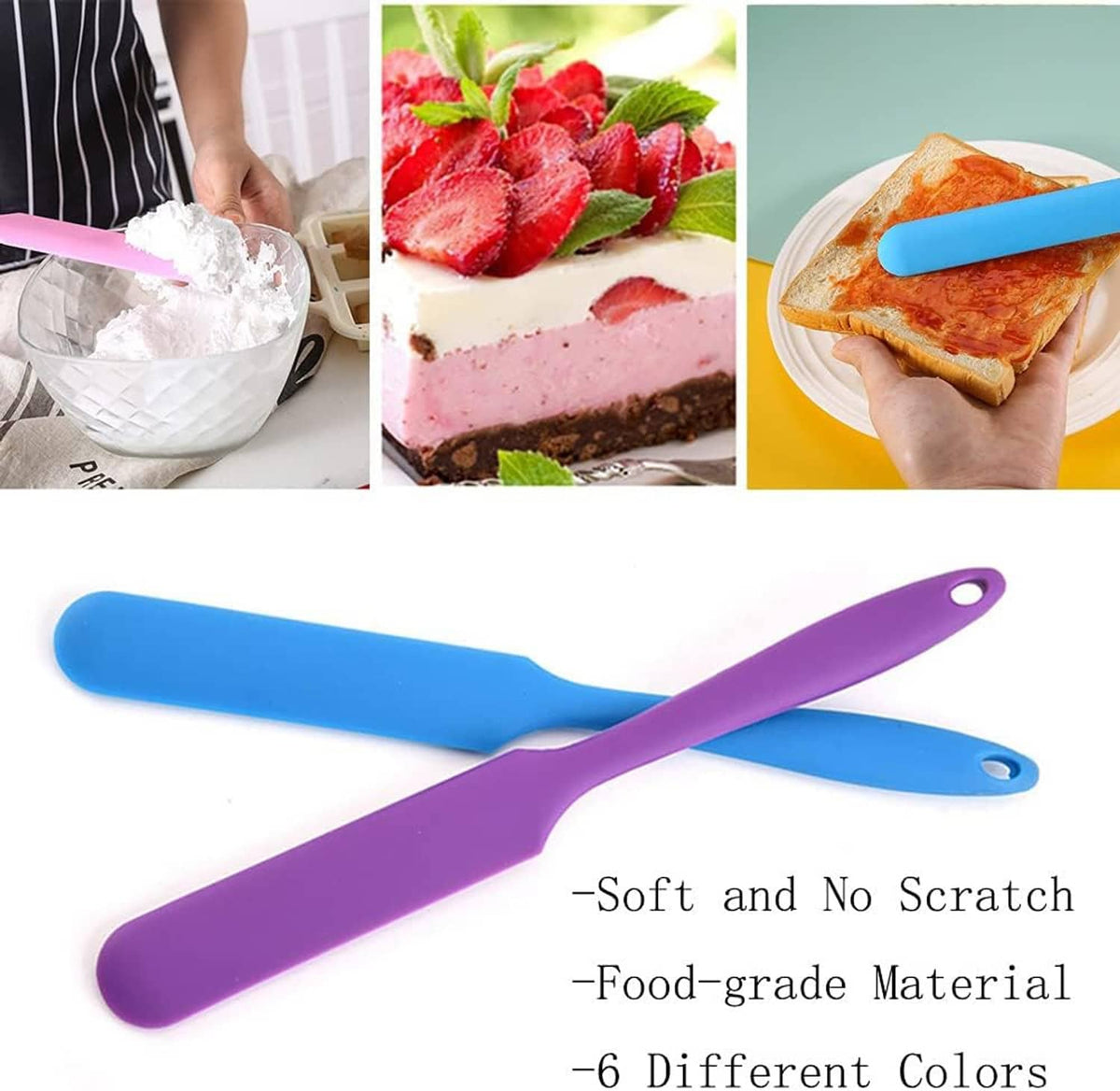 Two small silicone spatulas, blue and purple, with hanging loops