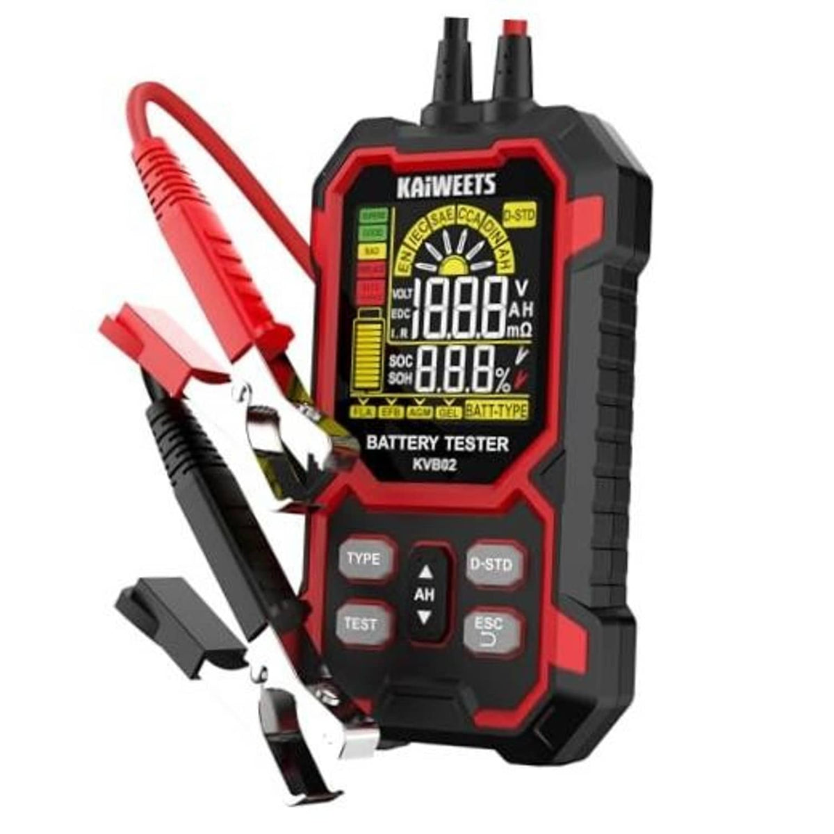 Portable battery tester with digital LCD screen and red/black clamps, red-and-black body