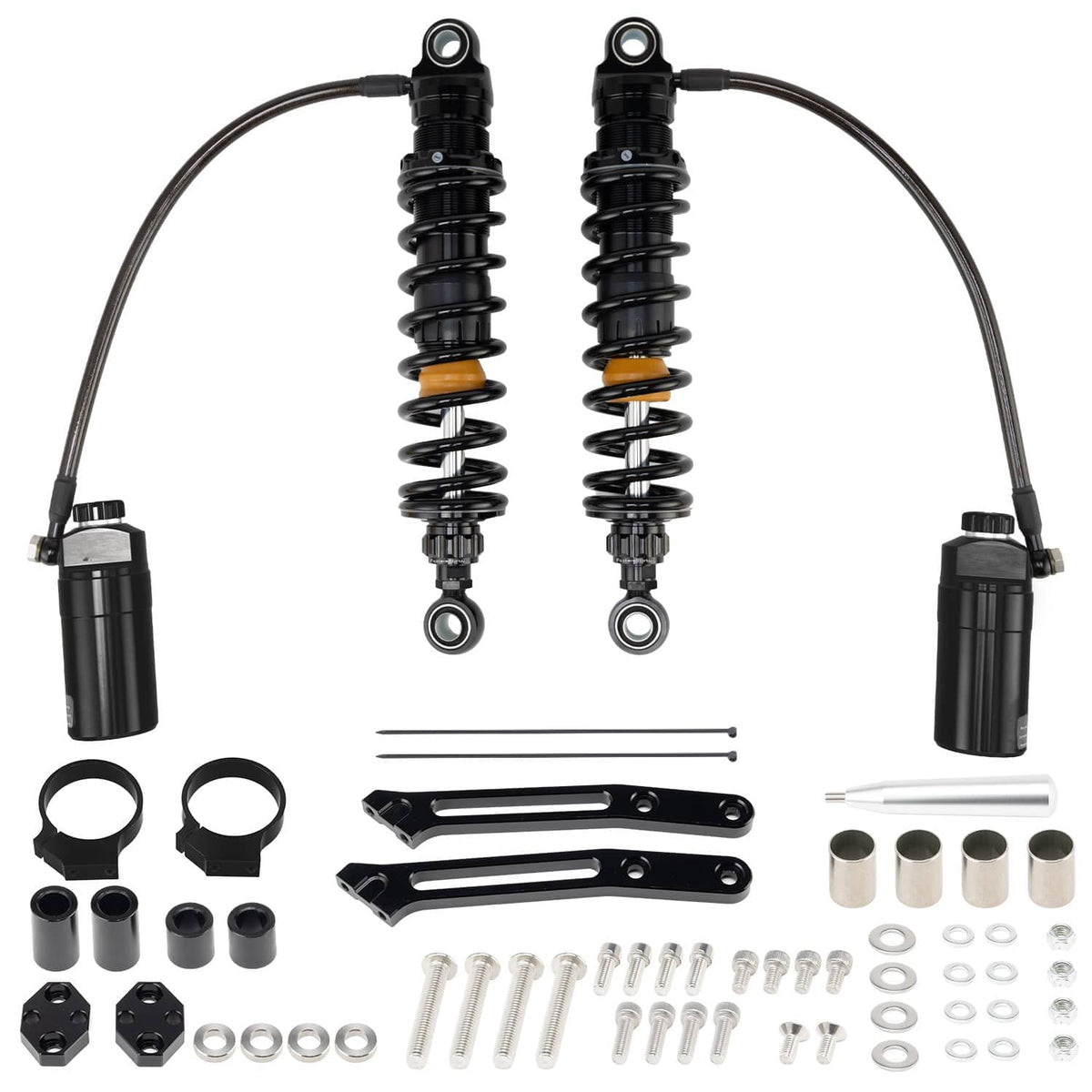 Pair of black adjustable rear suspension shocks with remote reservoirs and hoses