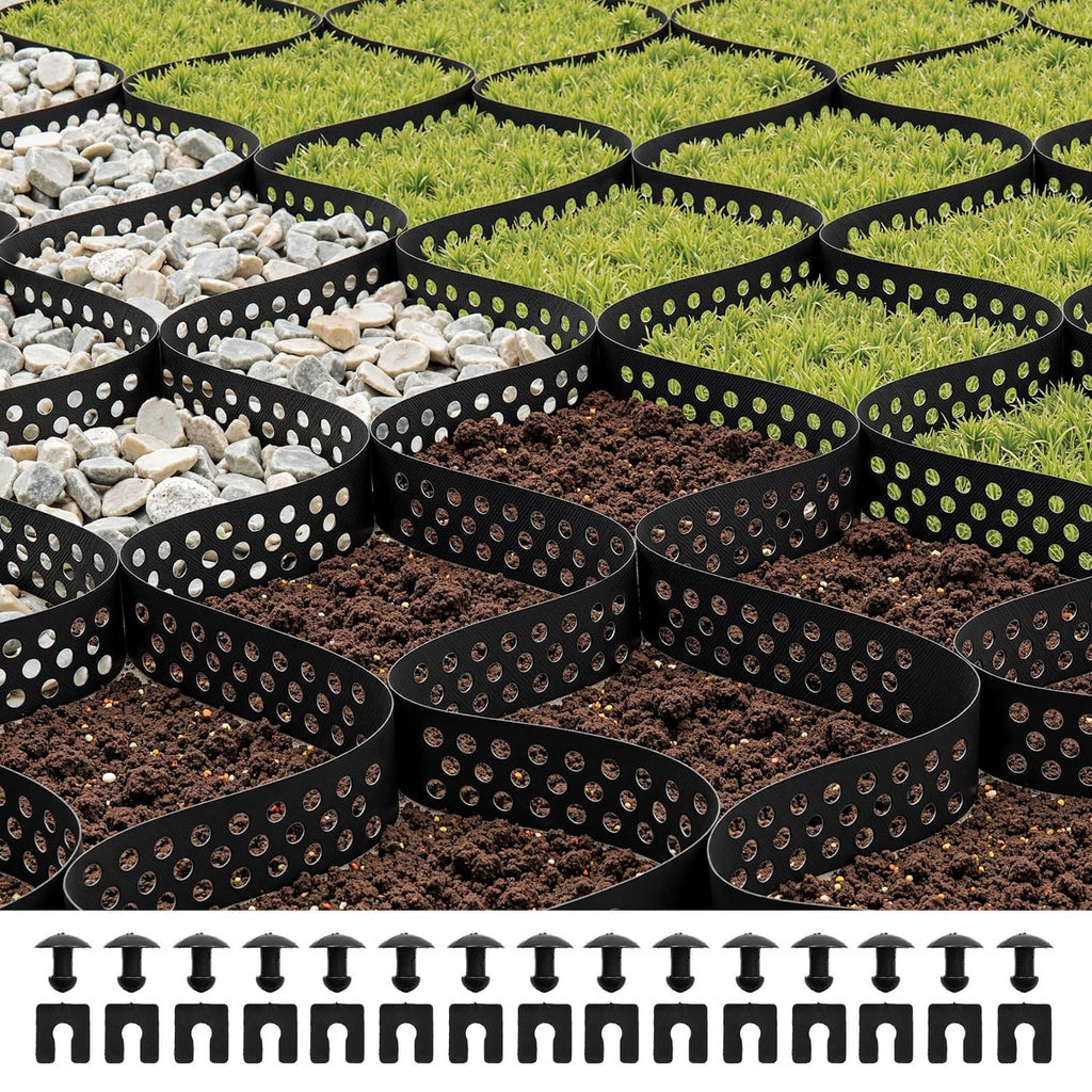 Geocell grid cells edging gravel and grass with included stakes on soil.