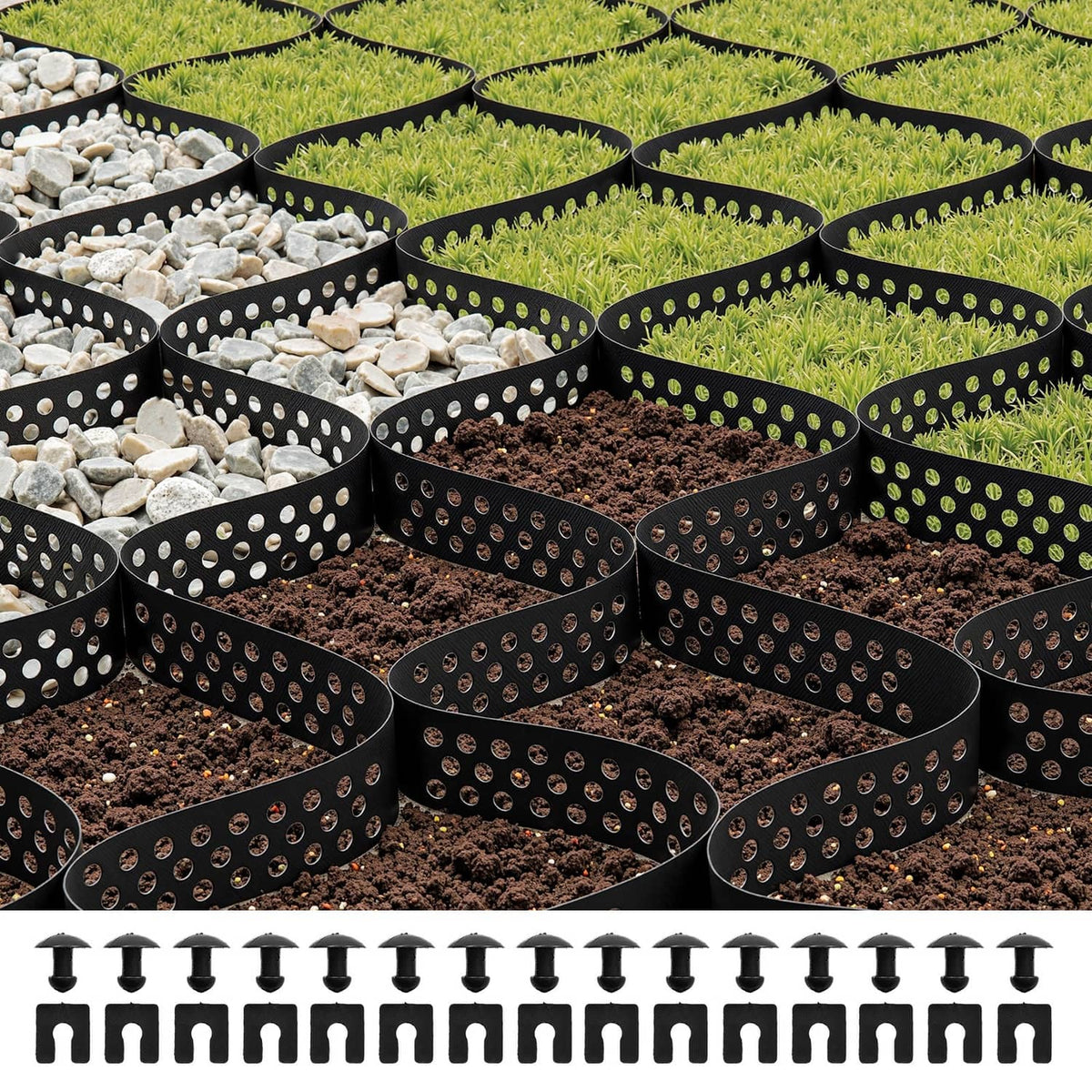 Geocell grid cells edging gravel and grass with included stakes on soil.