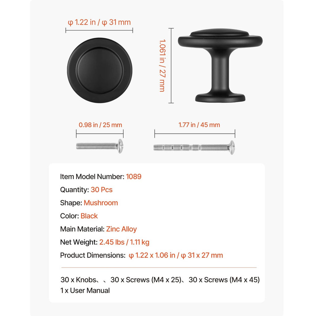 Black mushroom cabinet knob size view with two screw lengths included