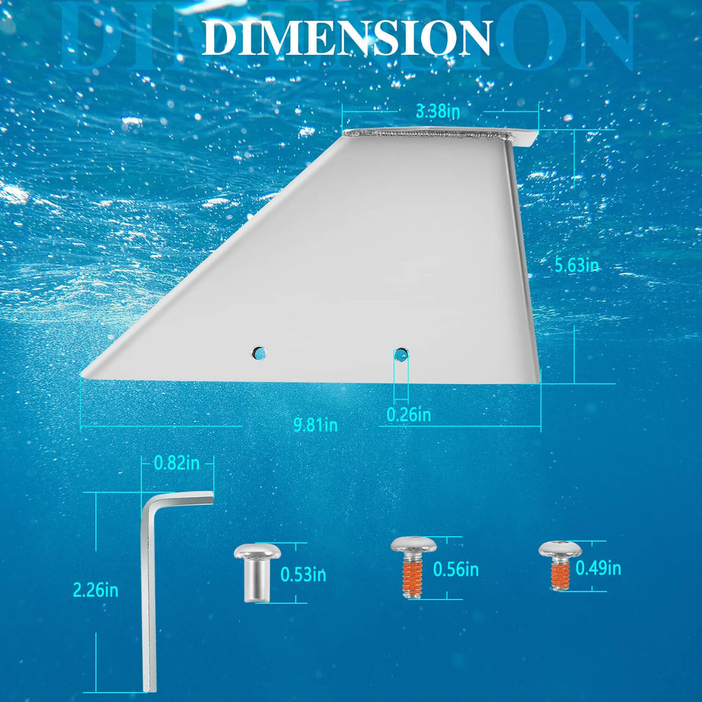 Outboard safe-skeg protector tool kit with mounting bracket and pins, shown with size diagram