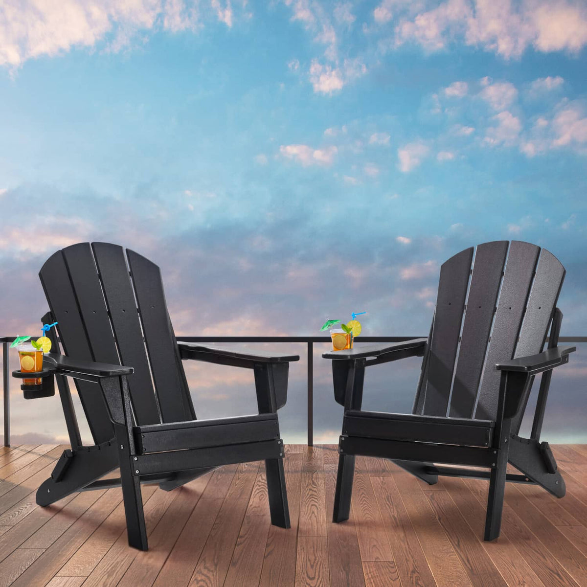 Set of 2 black folding Adirondack patio chairs with armrest side tables, facing front