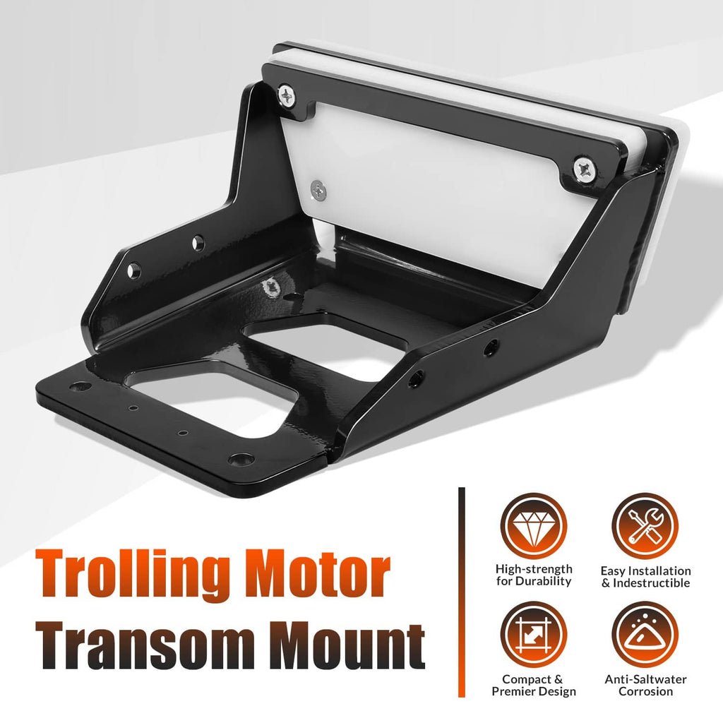 Black transom trolling motor mount bracket with raised rim and bolt holes