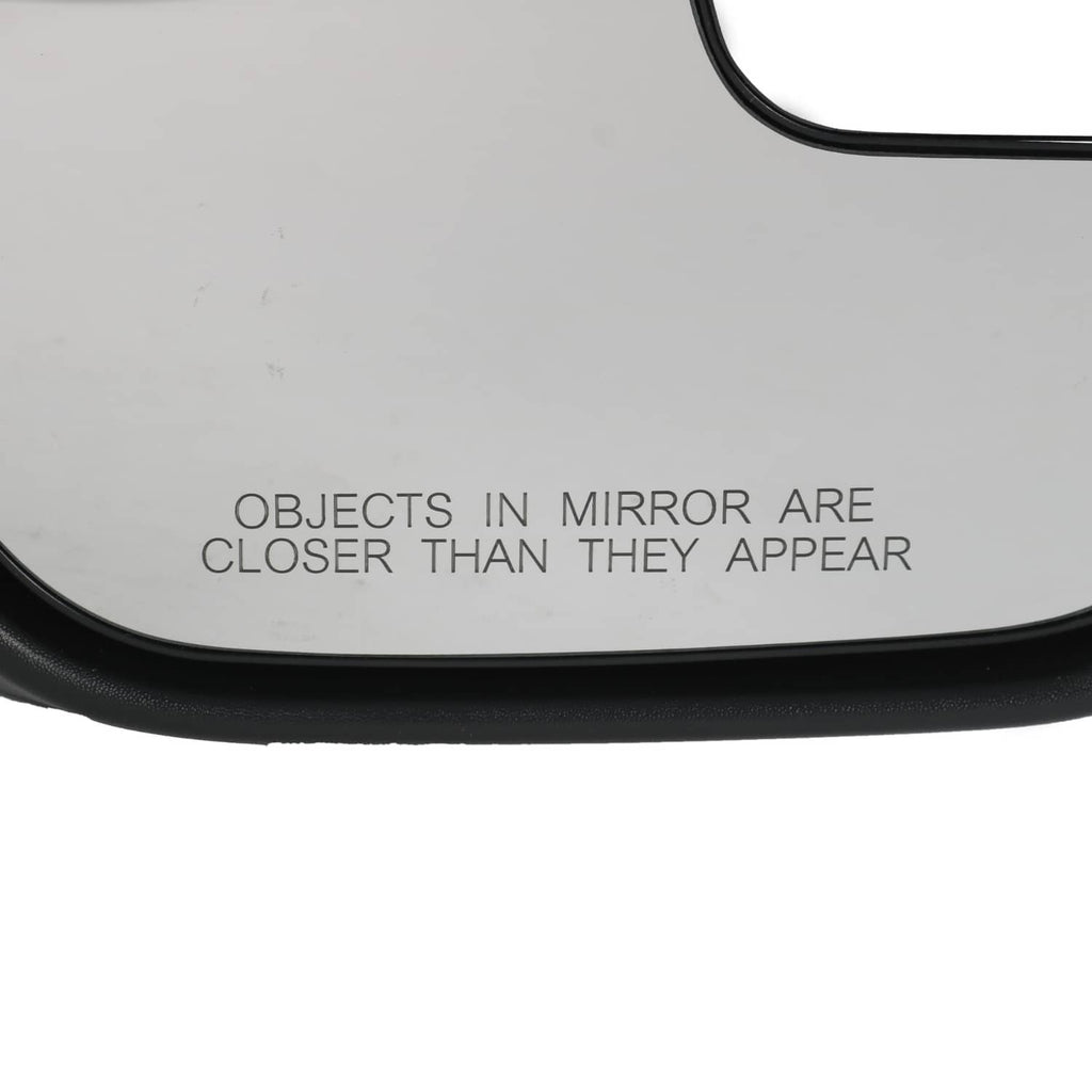 Right-side car mirror glass with black border and warning text