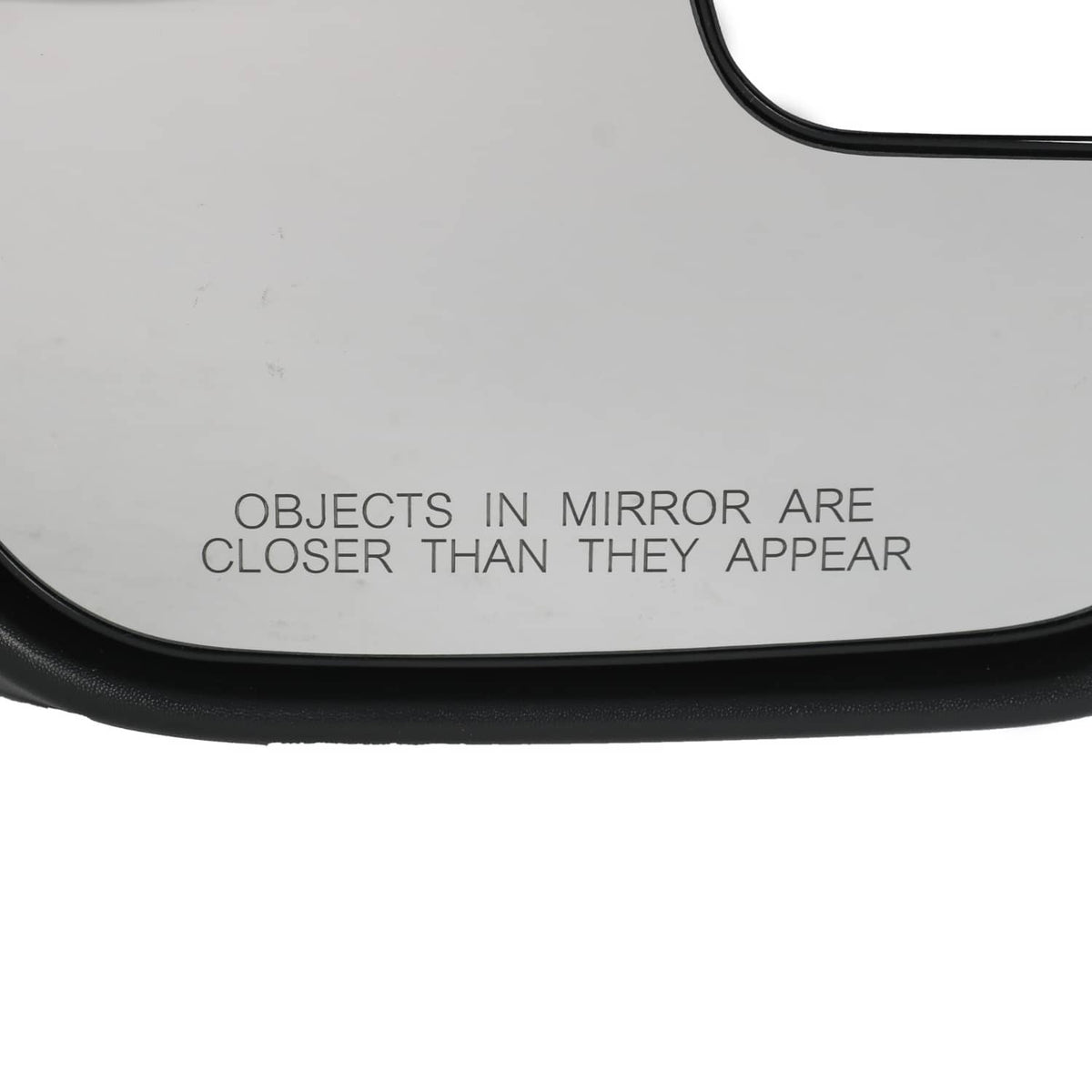 Right-side car mirror glass with black border and warning text