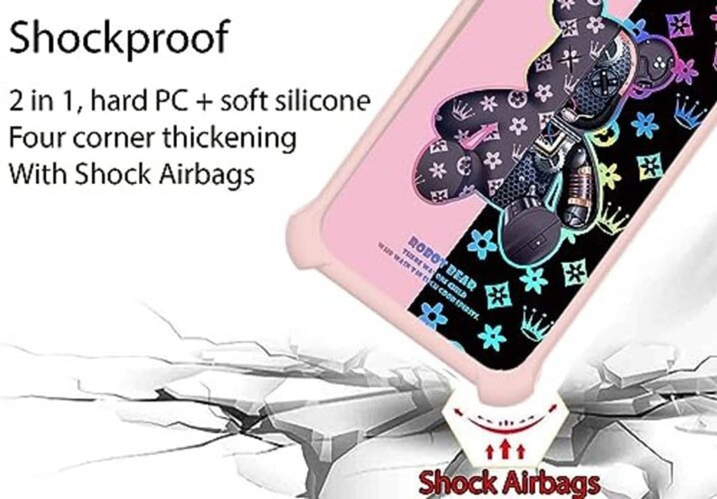 Rugged pink phone case with cartoon bear graphic and thick corner protection for drops
