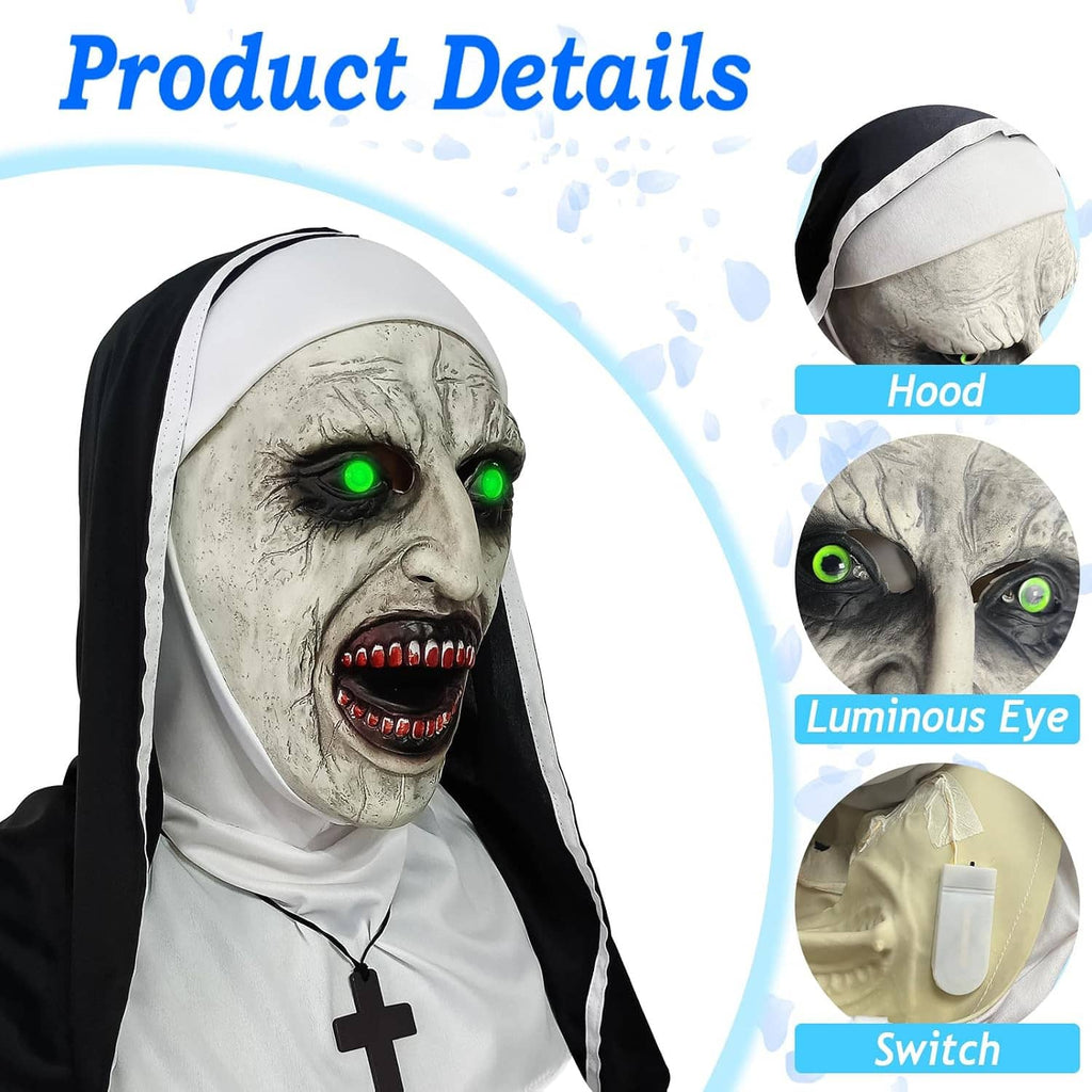 Horror nun mask detail: hood and pale face with glowing green eyes, cross pendant