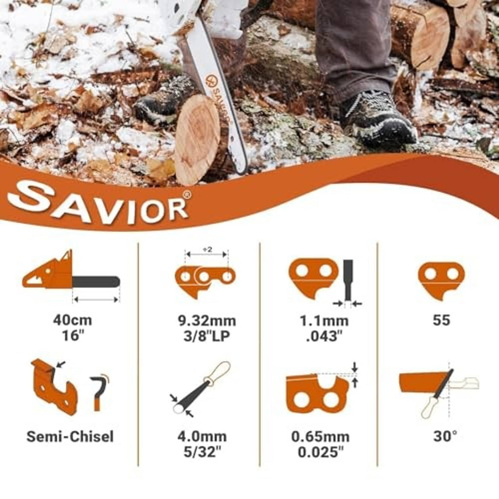 SAVIOR chainsaw chain guide infographic with measurements and semi-chisel profile