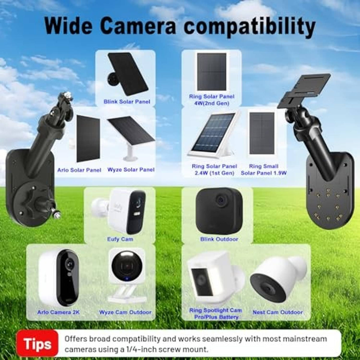 2-in-1 camera mount with solar panel shown with compatible security camera styles