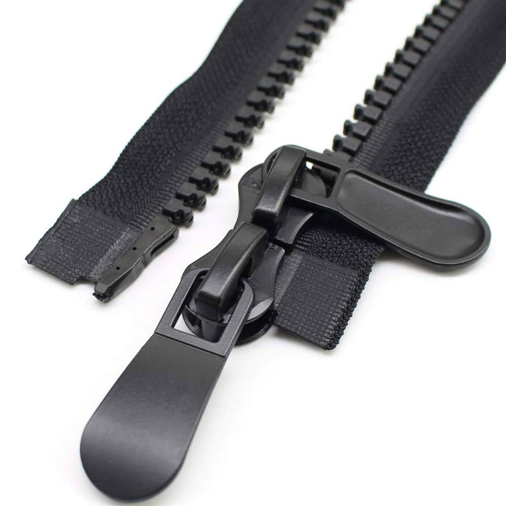 Black two-way separating zipper with dual sliders and connected pull tabs