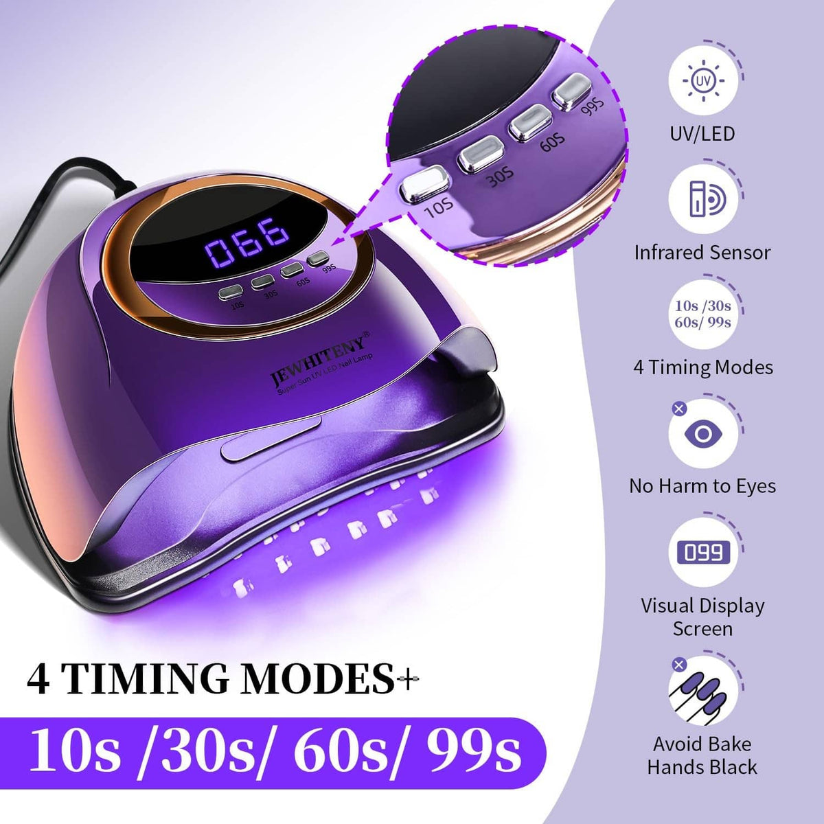 Purple UV LED nail lamp with infrared sensor and timing modes display