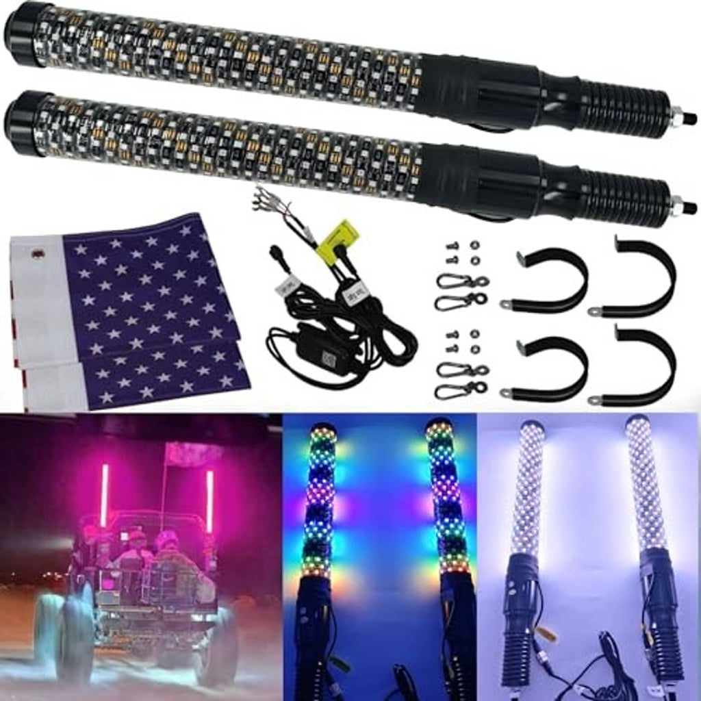 Pair of LED whip light spiral tubes with black ends and bundled mounting clips.
