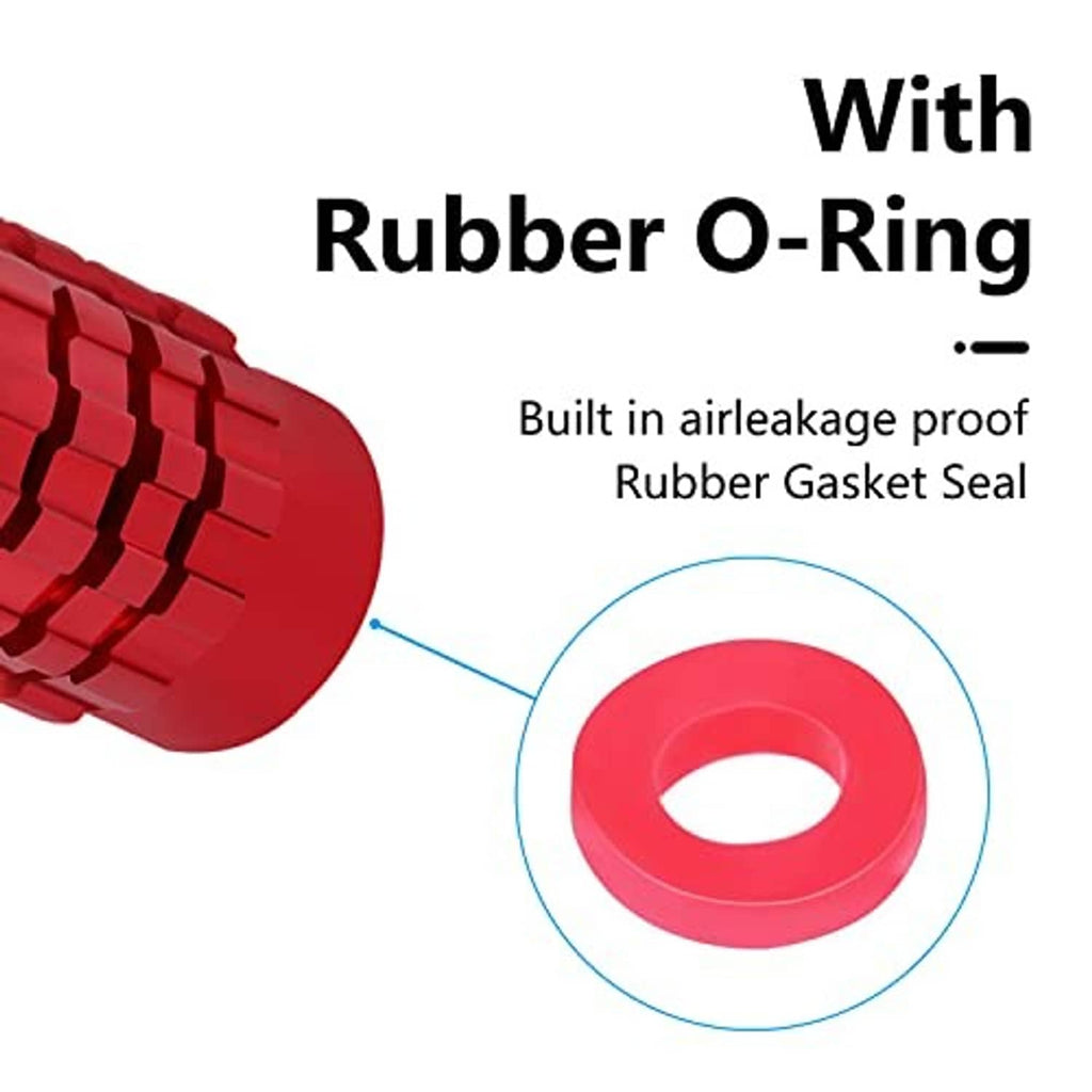 Red tire valve stem cap with built-in rubber O-ring gasket seal