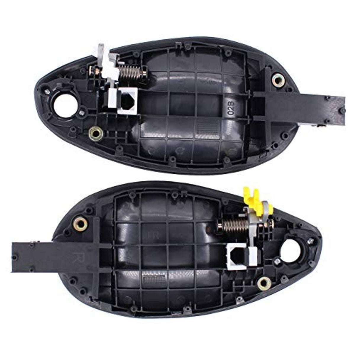 Back side of front door handle housing with spring, contacts, and mounting points
