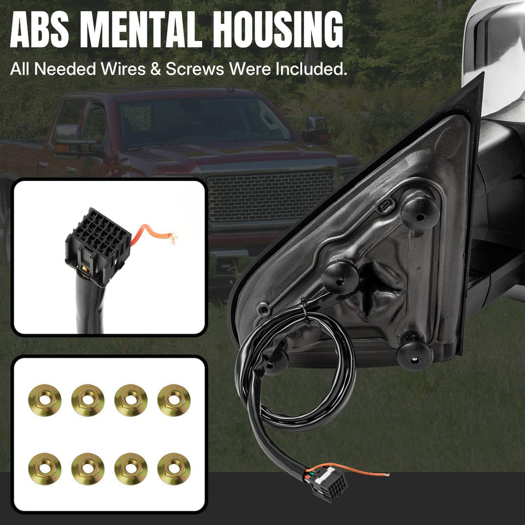 Heated towing mirror pair with ABS plastic housing and included wiring and screws