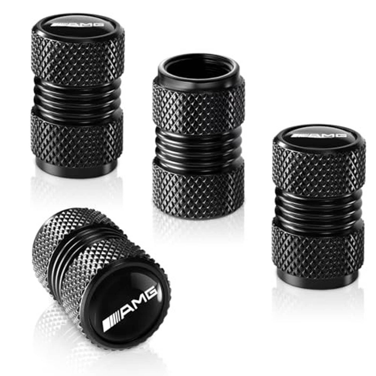 Black textured tire valve stem caps, set of 3 with AMG logo on top